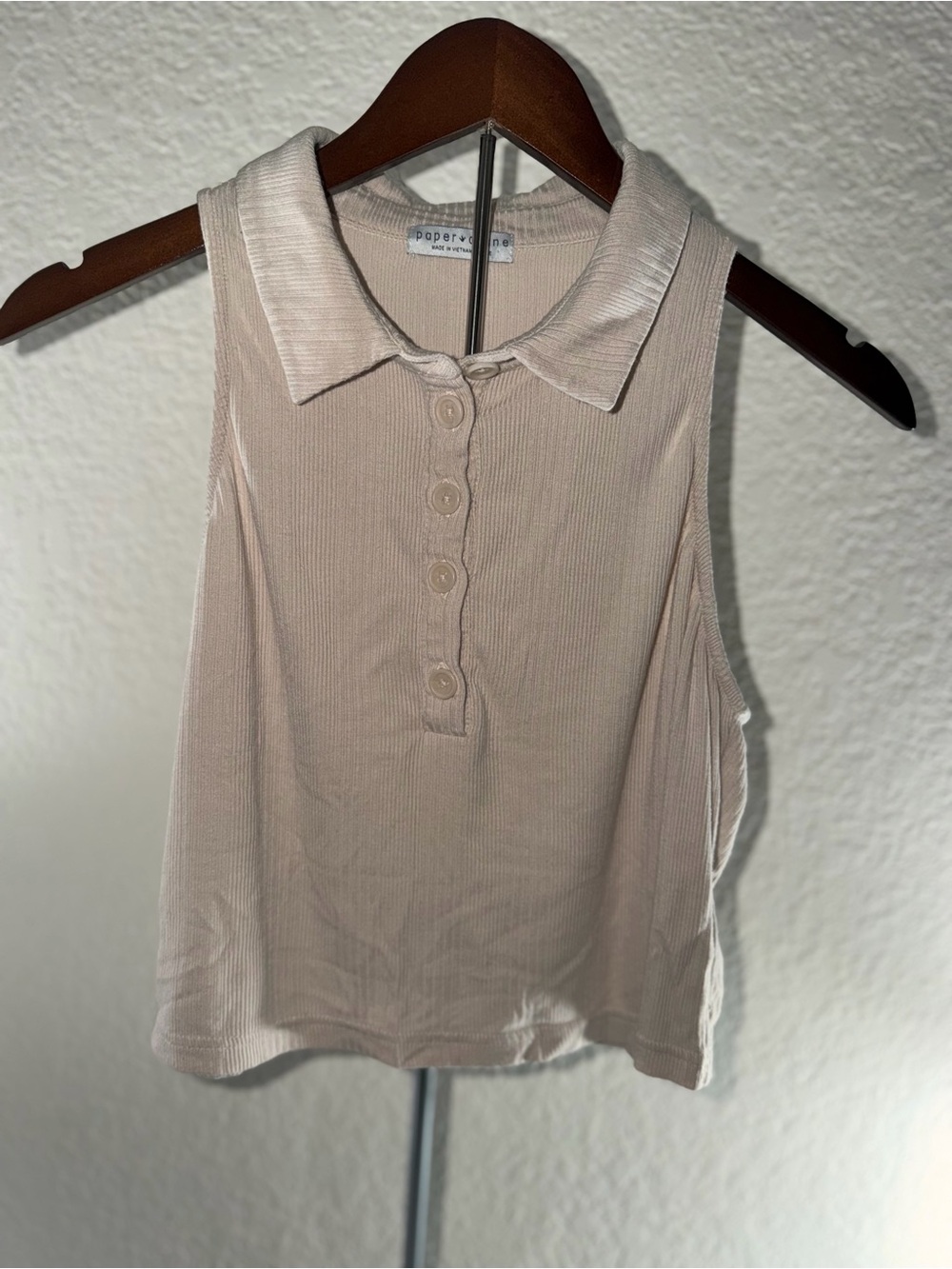 Paper Crane Light Beige Ribbed Polo Tank with Buttons